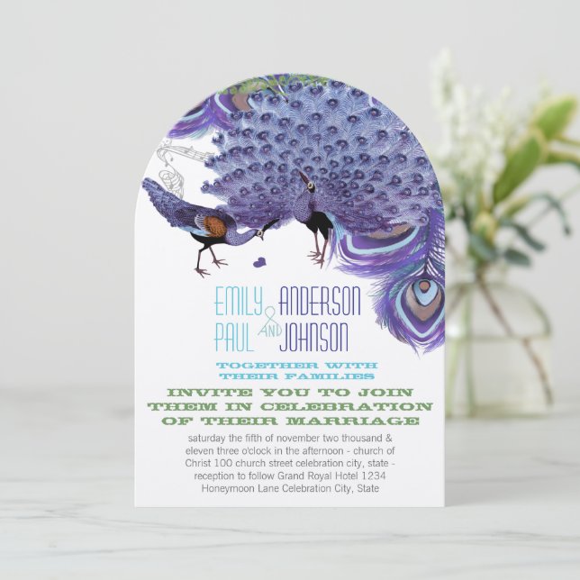 Purple Green Copper Blue Peacock Feather Invitation (Standing Front)