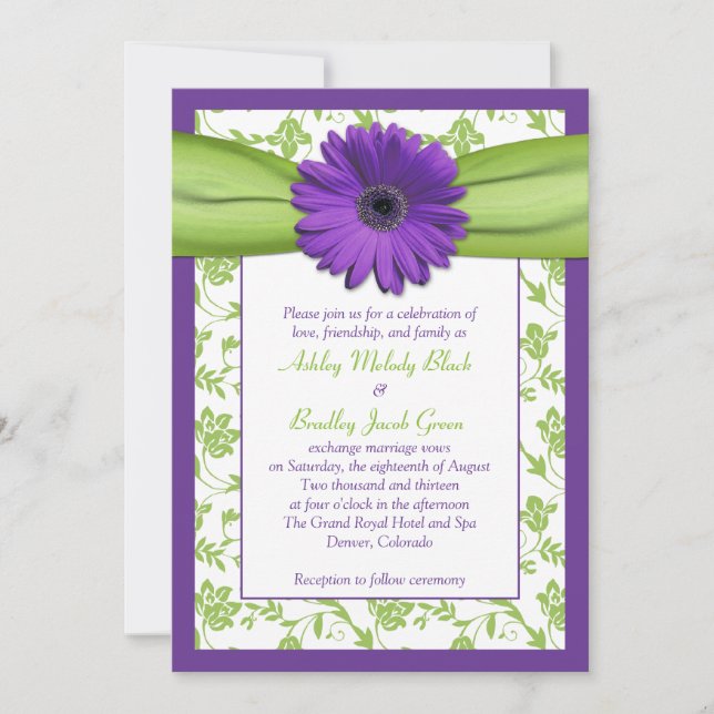 Purple Green Daisy Damask Wedding Invitation (Front)