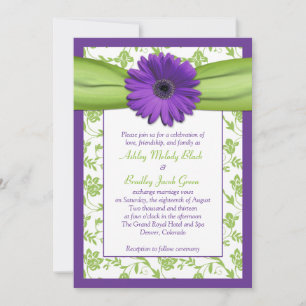 Purple Green Daisy Damask Wedding Invitation