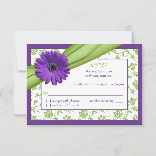 Purple Green Daisy Floral Wedding Reply Card (Front)