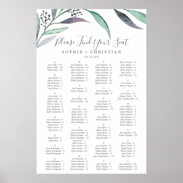 Purple Green Eucalyptus Alphabetical Seating Chart (Front)