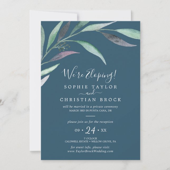 Purple Green Eucalyptus | Blue Elopement Reception Invitation (Front)