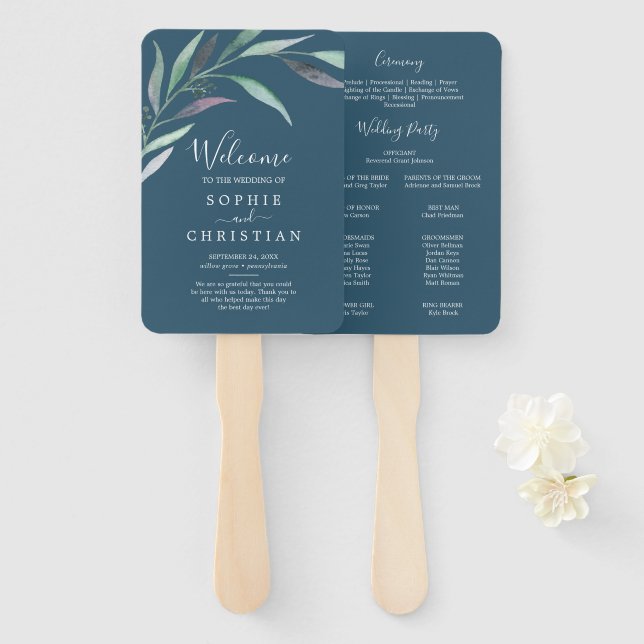 Purple Green Eucalyptus | Blue Wedding Program Fan (Front and Back)