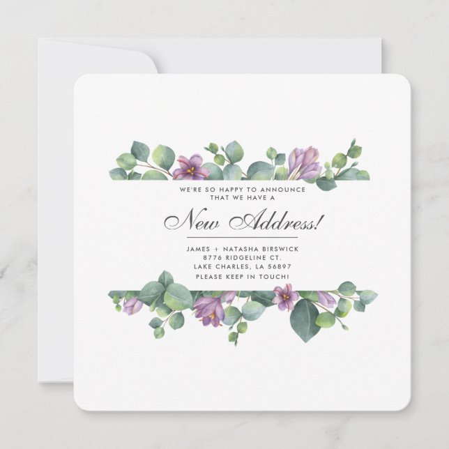 Purple Green Eucalyptus Leaves Moving New Address Announcement (Front)