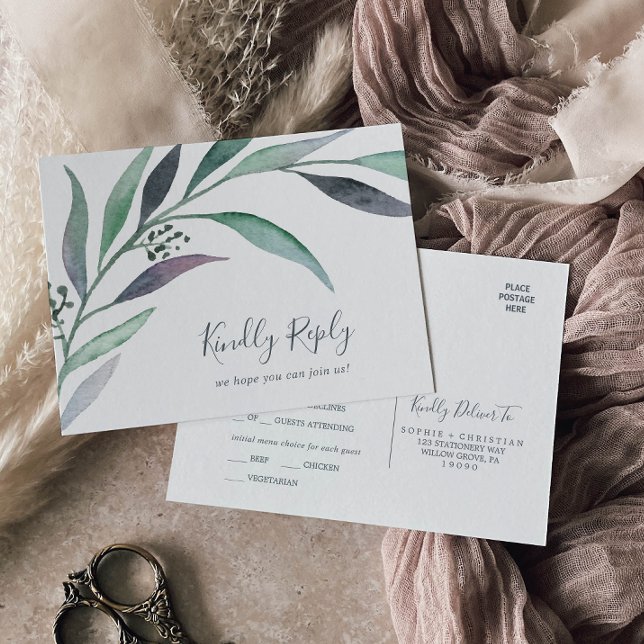 Purple Green Eucalyptus Menu Choice RSVP Postcard (Creator Uploaded)