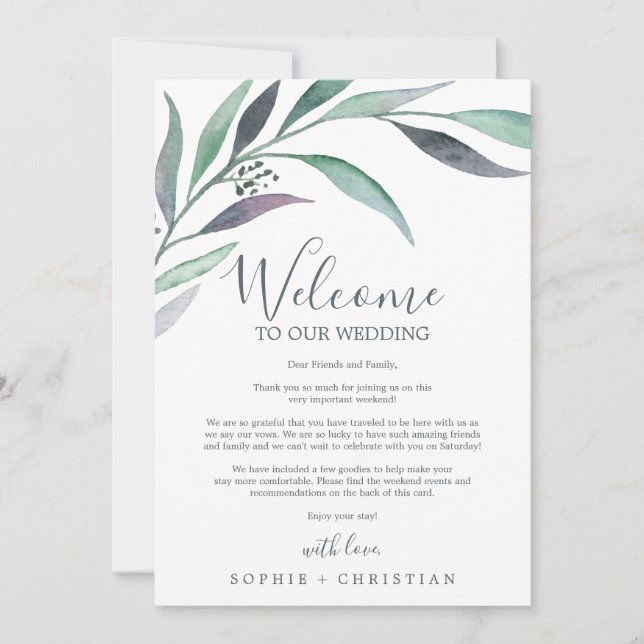 Purple Green Eucalyptus Welcome Letter & Itinerary (Front)