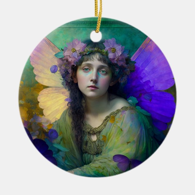 Purple Green Fairy Fantasy Art Ceramic Tree Decoration (Front)