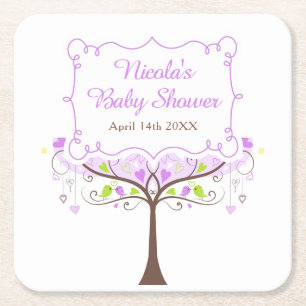 Purple & Green Floral Bird Baby Shower Square Paper Coaster