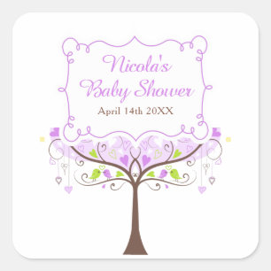 Purple & Green Floral Bird Baby Shower  Square Sticker