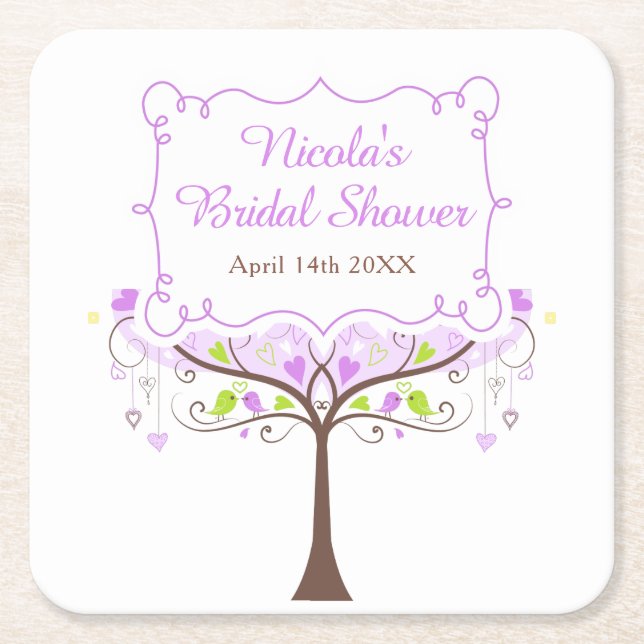 Purple & Green Floral Bird Bridal Shower  Square Paper Coaster (Front)