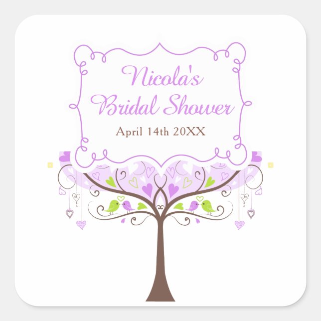 Purple & Green Floral Bird Bridal Shower  Square Sticker (Front)