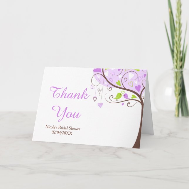 Purple & Green Floral Bird Bridal Shower Thank You Card (Front)