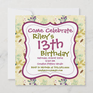 Purple Green Floral Birthday Party Invitations