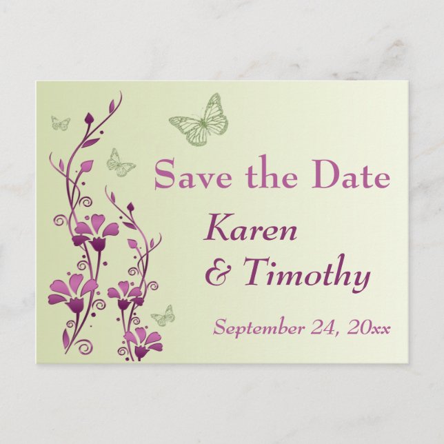 Purple, Green Floral, Butterflies Save the Date Announcement Postcard (Front)