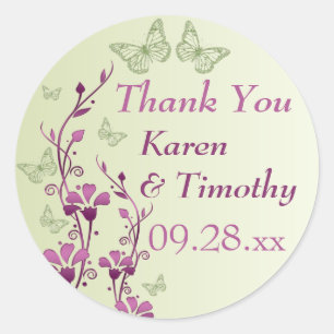 Purple, Green Floral, Butterflies Thank You Favour Classic Round Sticker