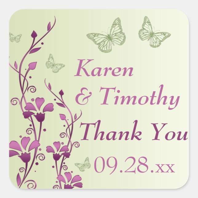 Purple, Green Floral, Butterflies Thank You Favour Square Sticker (Front)