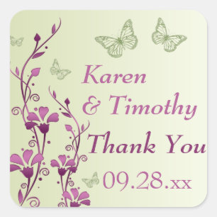 Purple, Green Floral, Butterflies Thank You Favour Square Sticker