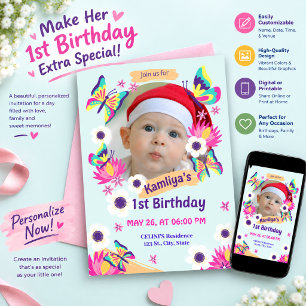 Purple Green Floral Butterfly 1st Birthday Photo Invitation
