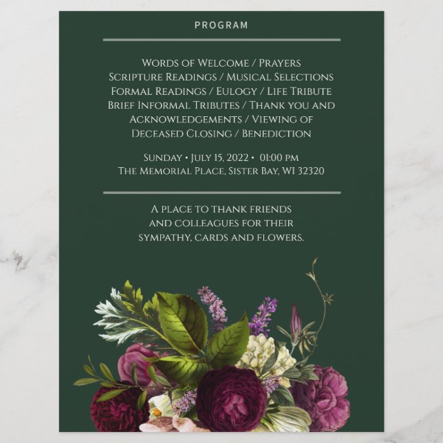 Purple Green Floral Funeral Memorial Program Flyer (Back)