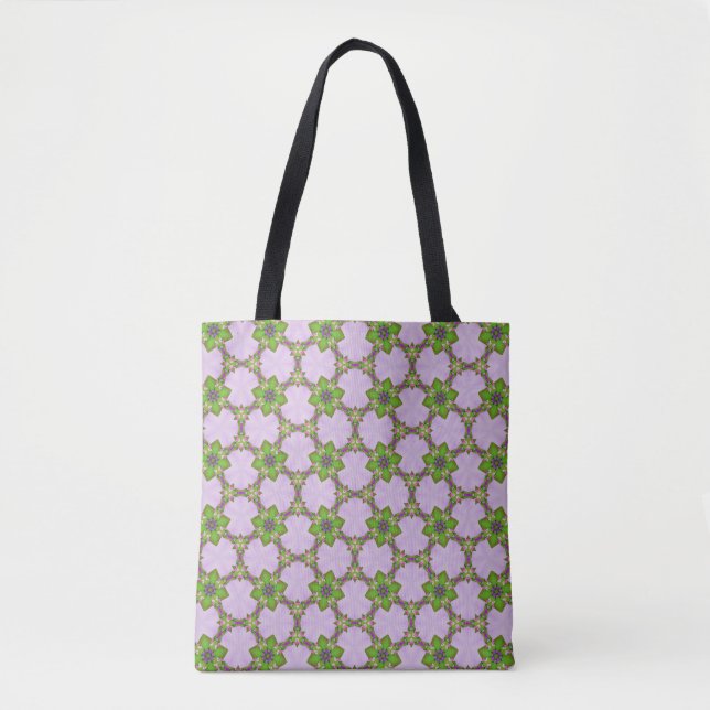 Purple & Green Floral Geometric Pattern Tote Bag (Front)
