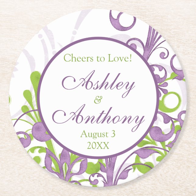Purple Green Floral Personalised Wedding Round Paper Coaster (Front)