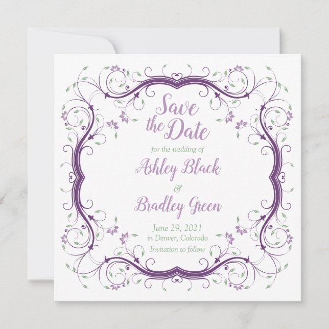 Purple Green Floral Scroll Wedding Save the Date (Front)