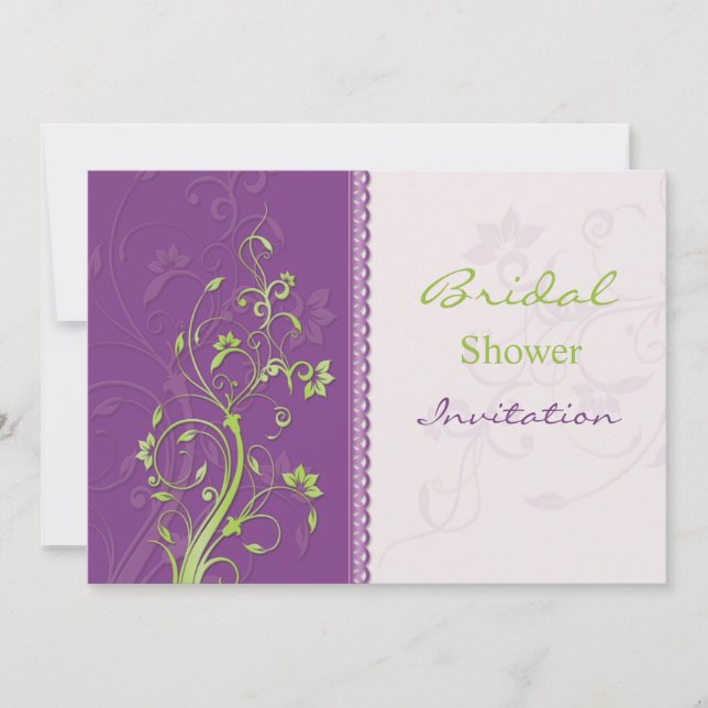 Purple & green floral swirls Bridal Shower Invite (Front)
