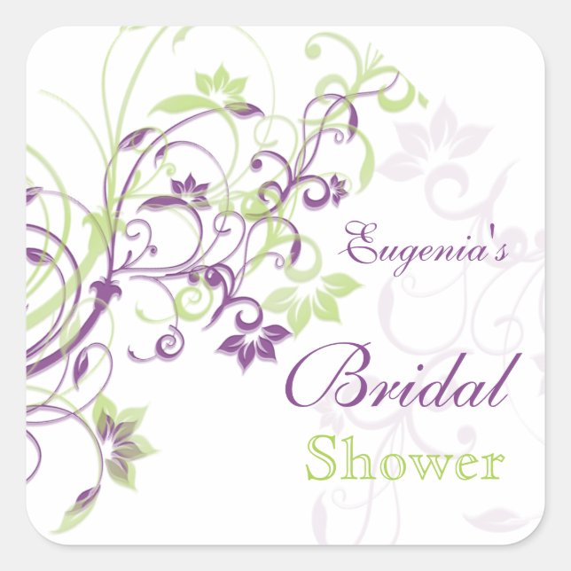 Purple green floral swirls Bridal Shower Sticker (Front)