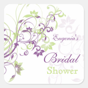 Purple green floral swirls Bridal Shower Sticker