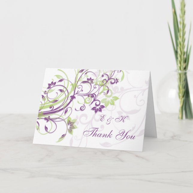 Purple green floral swirls Wedding Thank You card (Front)