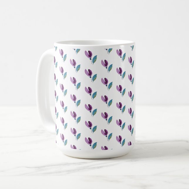 Purple Green Floral Watercolor Hand-painted Coffee Mug (Front Left)