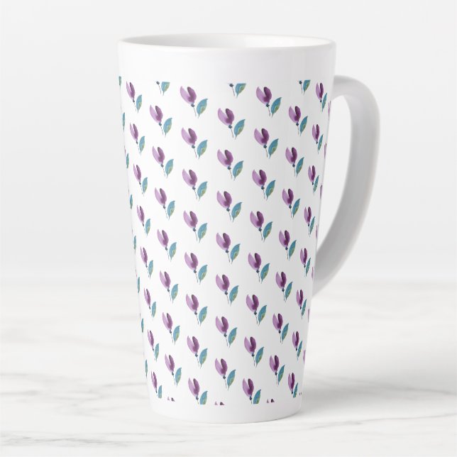 Purple Green Floral Watercolor Hand-painted Latte Mug (Right Angle)