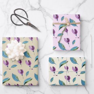 Purple Green Floral Watercolor Hand-painted Wrapping Paper Sheet