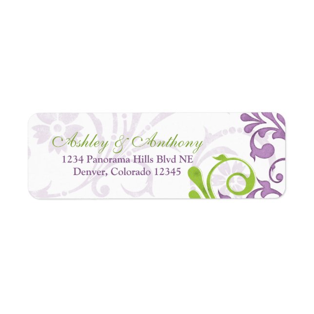 Purple Green Floral Wedding Return Address Labels (Front)