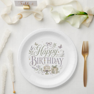 Purple Green Florals Happy Birthday Paper Plate