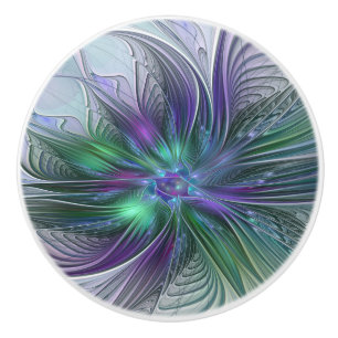 Purple Green Flower Modern Abstract Art Fractal Ceramic Knob