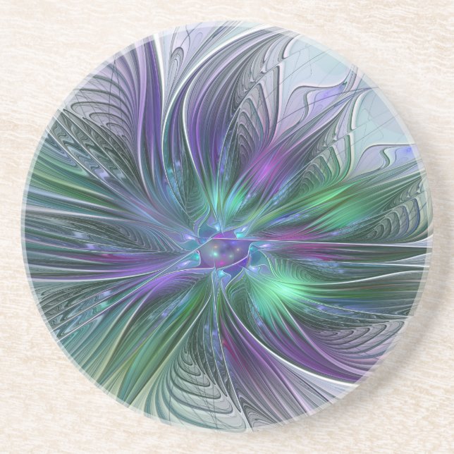 Purple Green Flower Modern Abstract Art Fractal Coaster (Front)