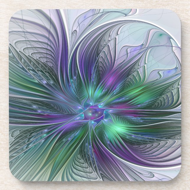 Purple Green Flower Modern Abstract Art Fractal Coaster (Front)