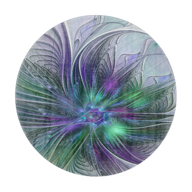Purple Green Flower Modern Abstract Art Fractal Cutting Board (Front)