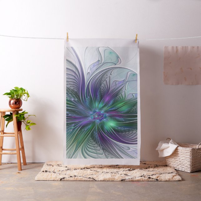 Purple Green Flower Modern Abstract Art Fractal Fabric (In Situ)