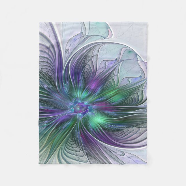 Purple Green Flower Modern Abstract Art Fractal Fleece Blanket (Front)