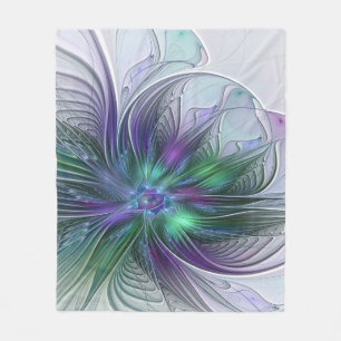 Purple Green Flower Modern Abstract Art Fractal Fleece Blanket