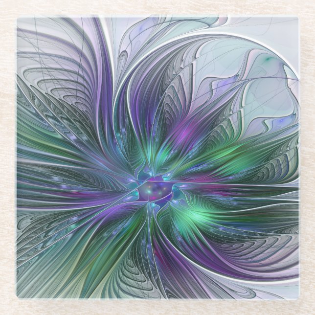Purple Green Flower Modern Abstract Art Fractal Glass Coaster (Front)