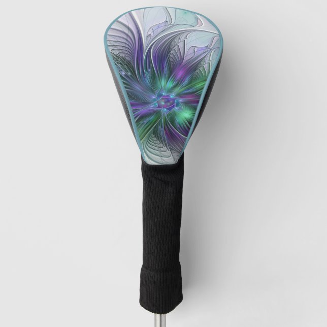 Purple Green Flower Modern Abstract Art Fractal Golf Head Cover (Front)