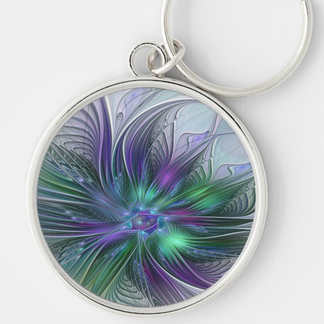 Purple Green Flower Modern Abstract Art Fractal Key Ring (Front)