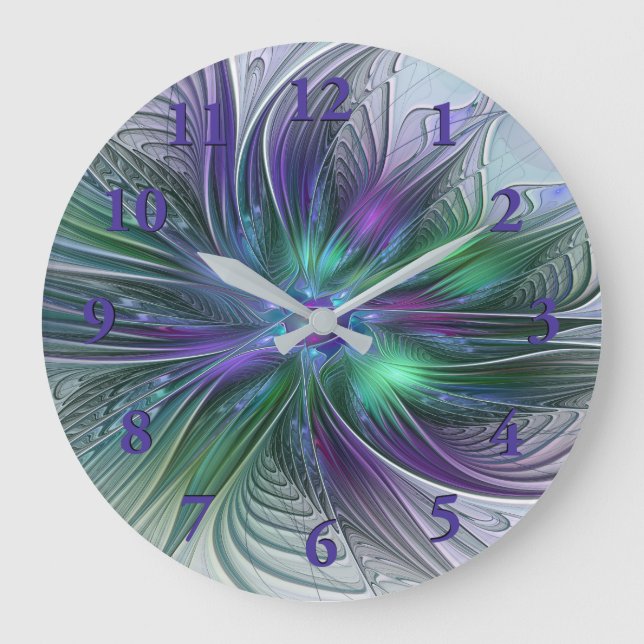 Purple Green Flower Modern Abstract Art Fractal Large Clock (Front)