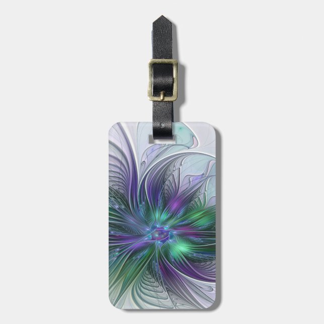 Purple Green Flower Modern Abstract Art Fractal Luggage Tag (Front Vertical)