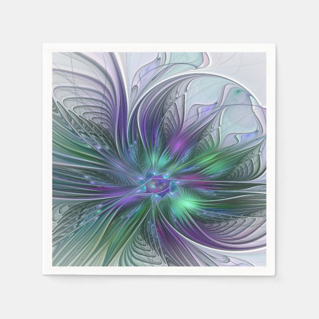 Purple Green Flower Modern Abstract Art Fractal Napkin (Front)