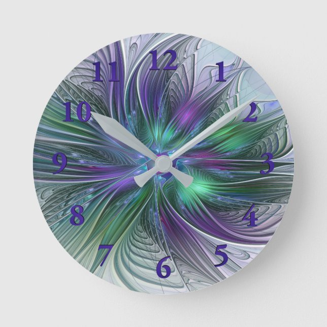 Purple Green Flower Modern Abstract Art Fractal Round Clock (Front)