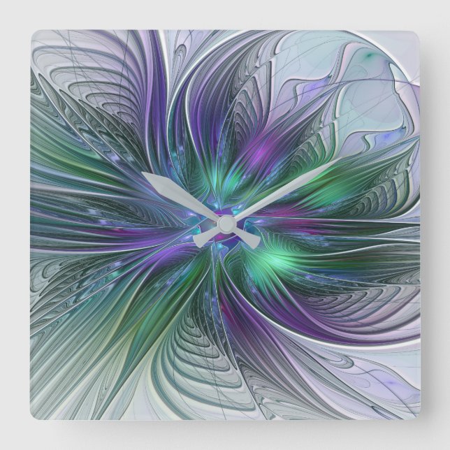 Purple Green Flower Modern Abstract Art Fractal Square Wall Clock (Front)